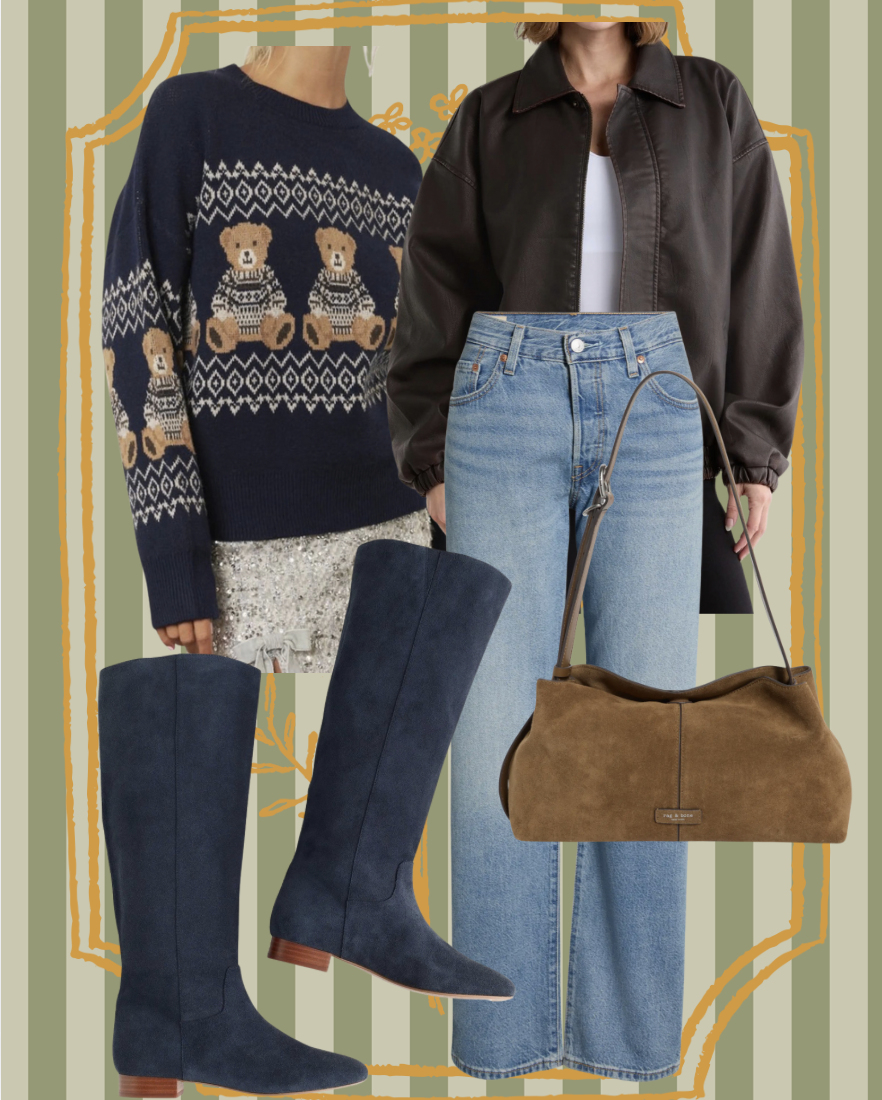 suede handbag, made well tall boots in navy suede, bear sweater, faux leather bomber jacket, Levi's denim 501